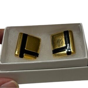 Vintage Napier Clip On Earrings Gold Tone Black Geometric Linear Retro